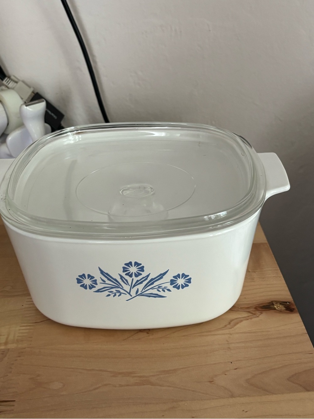 Corningware White Casserole with Blue Floral Pattern and Glass Lid
